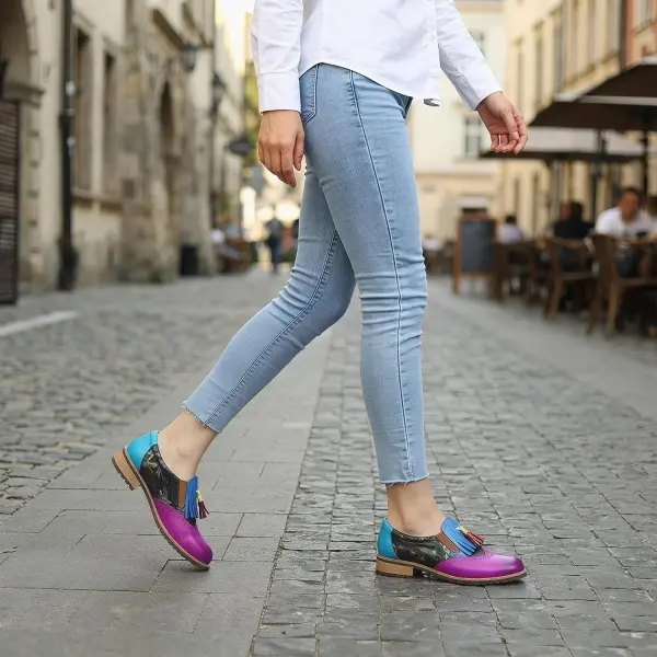 Women's Handmade Lambskin Oxford Loafers Shoes with Retro Ethnic Printed Style, Brock Design for Casual and Fashion Collegiate Style