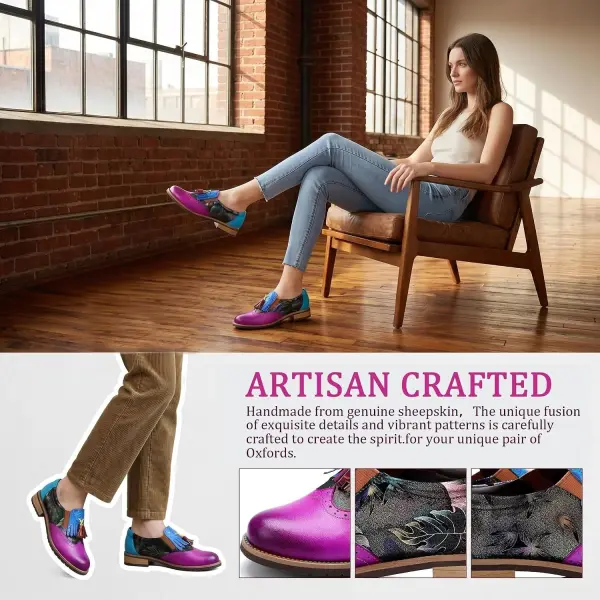 Women's Handmade Lambskin Oxford Loafers Shoes with Retro Ethnic Printed Style, Brock Design for Casual and Fashion Collegiate Style