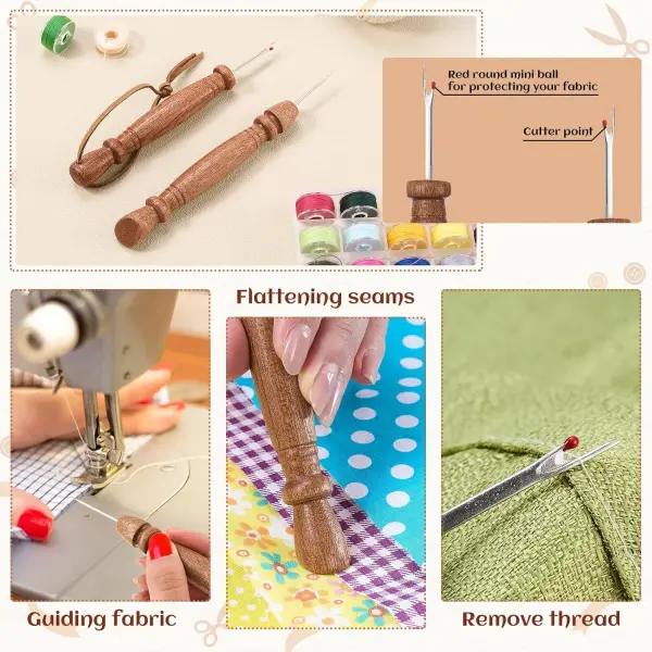 AceOrbit 5 Pcs Wooden Clapper Sewing Quilting Tool Set Include Tailors Clapper Pressing Stick Quilting Seam Roller Seam Ripper Stiletto Pressing Tool for Sewing Fabric Folds Accenting Clothing Wrinkle