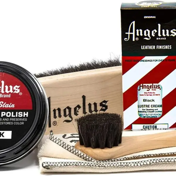 Angelus Shoe Shine Kit, Black- Boot and Shoe Polish Wax, Shoe Cream 3oz, Horsehair Brush, Dauber, and Cloth | 5 Piece Set, Gift Idea for Father's Day, Dad, Husband
