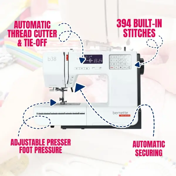 Bernette B38 Computerized Sewing Machine with LCD Display | 394 Stitch Patterns, Auto Needle Threader, LED Light, Extension Table | Presser Feet, Bobbins, Needles, Knee Lifter, Rotary Cutter & More
