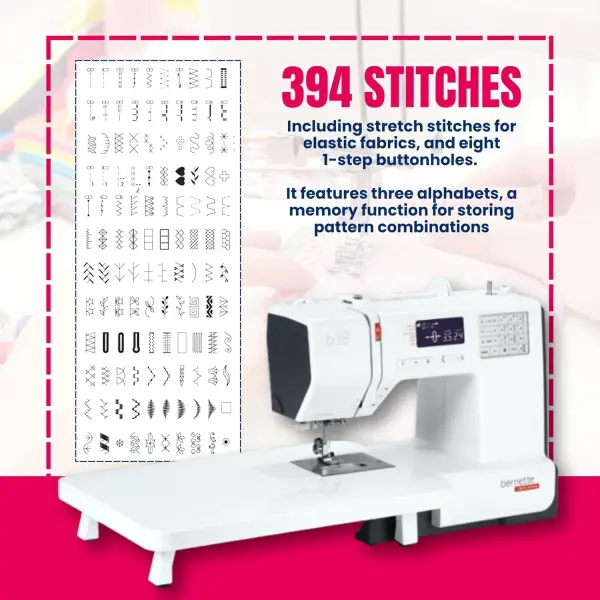 Bernette B38 Computerized Sewing Machine with LCD Display | 394 Stitch Patterns, Auto Needle Threader, LED Light, Extension Table | Presser Feet, Bobbins, Needles, Knee Lifter, Rotary Cutter & More