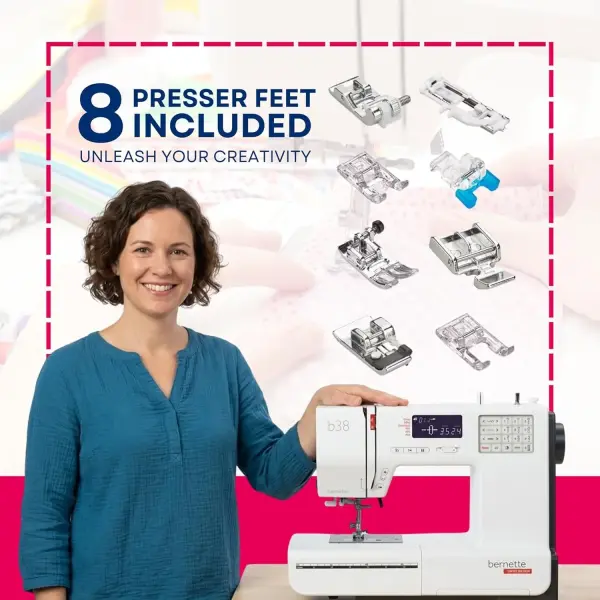 Bernette B38 Computerized Sewing Machine with LCD Display | 394 Stitch Patterns, Auto Needle Threader, LED Light, Extension Table | Presser Feet, Bobbins, Needles, Knee Lifter, Rotary Cutter & More