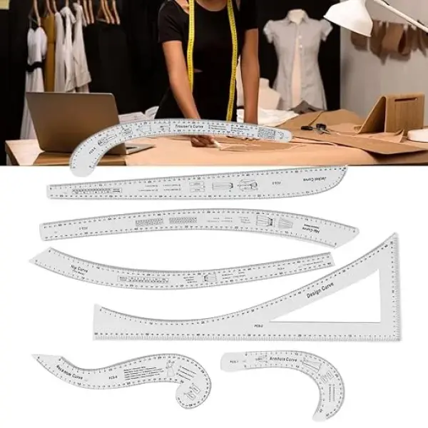 7Pcs Fashion Clear Metric Sewing Ruler Set, French Curve Pattern Ruler Kit for Beginners, Tailors, and Designers, Fashion Design Dress Makers Ruler, Clear Sewing Tailors Pattern Making Ruler