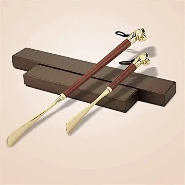 Elegant Brass Shoe Horn Set 49cm Long & 32cm Short, Durable Metal with Lion Handle, Effortless Footwear Accessory for Shoe Lovers, No Bending Needed,32Brown