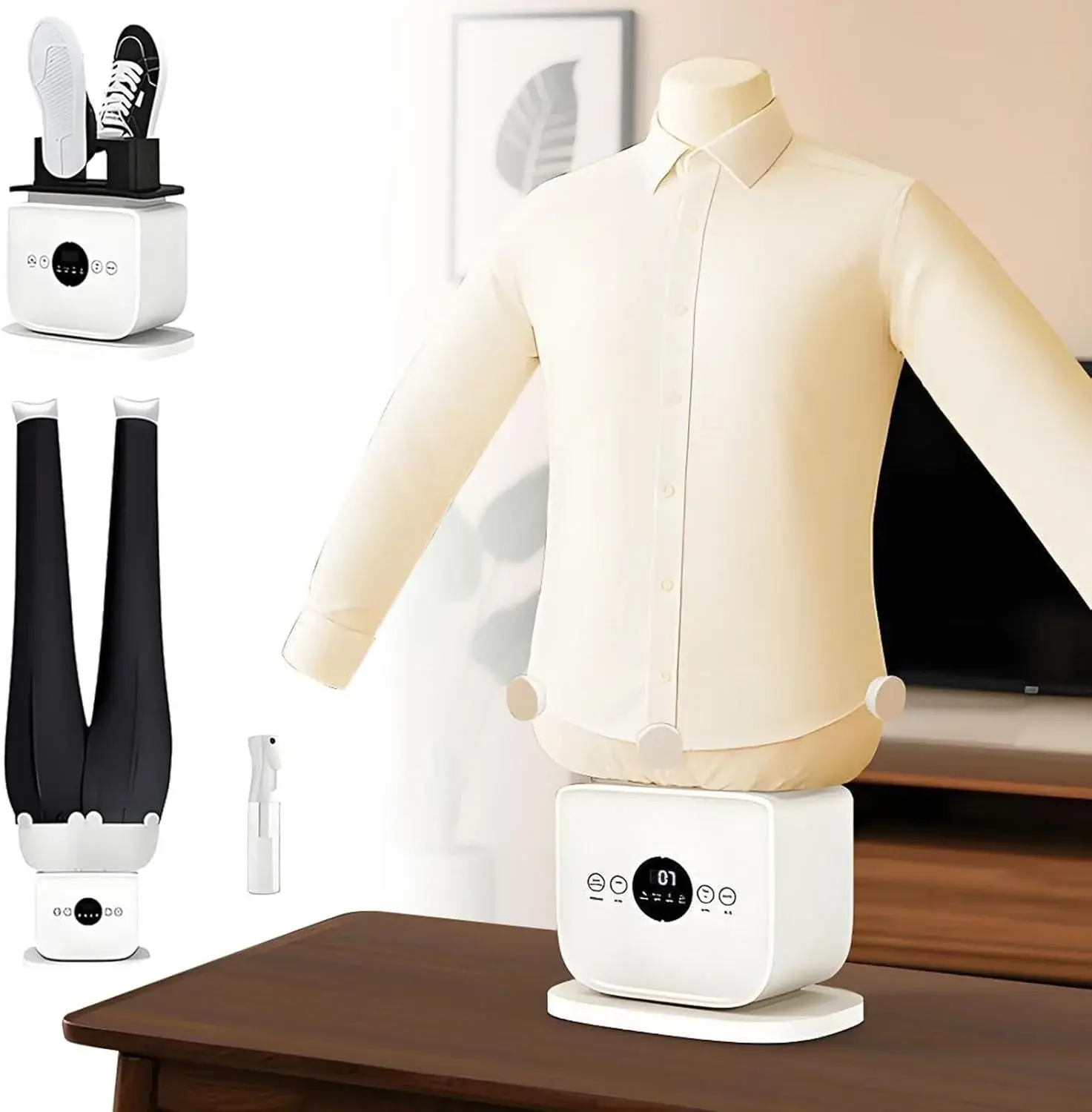 Automatic Ironing Machine,Wrinkle Removal,Timed Drying & Ironing,Built-in Aromatherapy Tank,Inflatable Steamer with Garment Mold,Pants Mold,Shoe & Hat Rack and Spray Bottle
