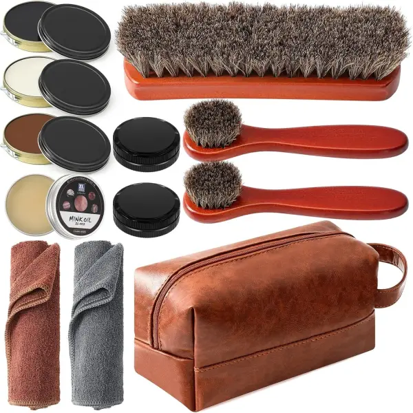 13 Pcs Shoe Polish Kit, Leather Boot Care Set with Horsehair Brushes, Wax, Sponges, Gifts for Men Dad