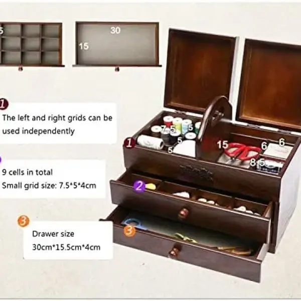 Sewing Box with 2 Drawers - Wooden Storage Baskets for Home and Embroidery - Organize Sewing Tools - Convenient and Easy to Carry