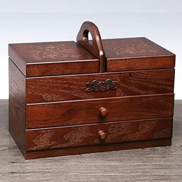 Sewing Box with 2 Drawers - Wooden Storage Baskets for Home and Embroidery - Organize Sewing Tools - Convenient and Easy to Carry