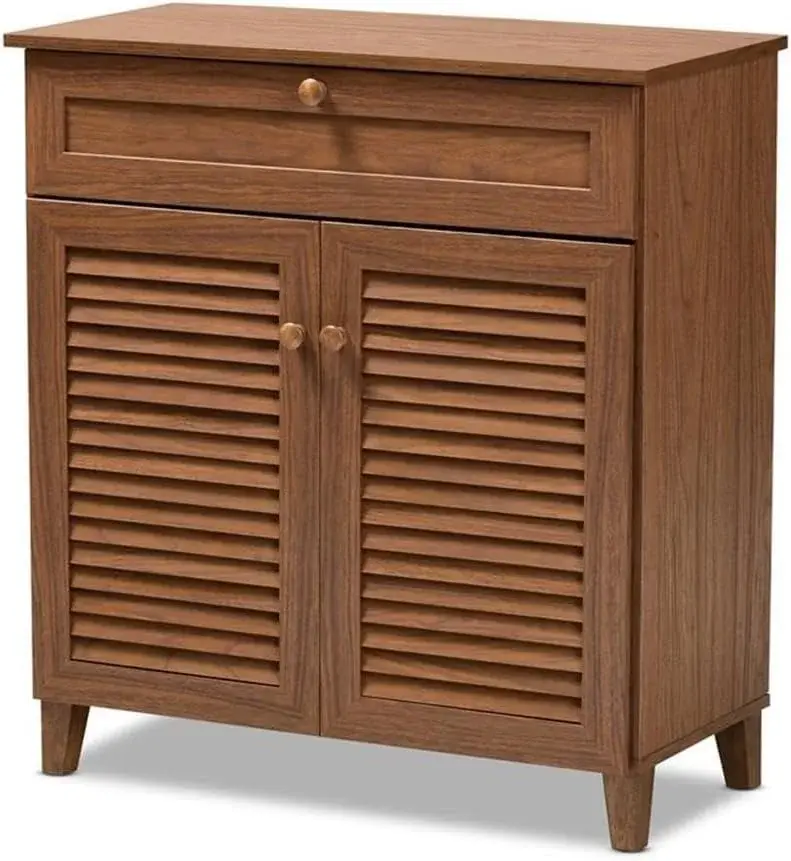 BOWERY HILL Contemporary Wood 4-Shelf and Drawer Shoe Cabinet, Walnut Brown Finish, Engineered Wood Construction, Storage for 12 Pairs of Shoes, Solid Knobs, Tapered Legs, Entryway or Bedroom Use