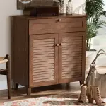 BOWERY HILL Contemporary Wood 4-Shelf and Drawer Shoe Cabinet, Walnut Brown Finish, Engineered Wood Construction, Storage for 12 Pairs of Shoes, Solid Knobs, Tapered Legs, Entryway or Bedroom Use