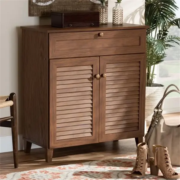 BOWERY HILL Contemporary Wood 4-Shelf and Drawer Shoe Cabinet, Walnut Brown Finish, Engineered Wood Construction, Storage for 12 Pairs of Shoes, Solid Knobs, Tapered Legs, Entryway or Bedroom Use