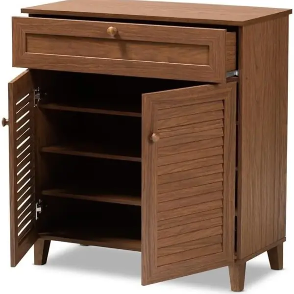BOWERY HILL Contemporary Wood 4-Shelf and Drawer Shoe Cabinet, Walnut Brown Finish, Engineered Wood Construction, Storage for 12 Pairs of Shoes, Solid Knobs, Tapered Legs, Entryway or Bedroom Use