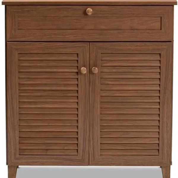 BOWERY HILL Contemporary Wood 4-Shelf and Drawer Shoe Cabinet, Walnut Brown Finish, Engineered Wood Construction, Storage for 12 Pairs of Shoes, Solid Knobs, Tapered Legs, Entryway or Bedroom Use