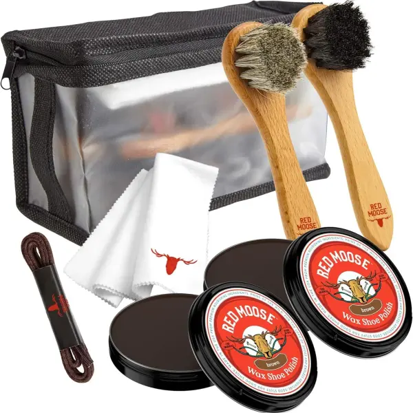 RED MOOSE Full Leather Wax Shoe Polish Kit - 2x Brush, Buffing Cloth, Travel Case, Laces