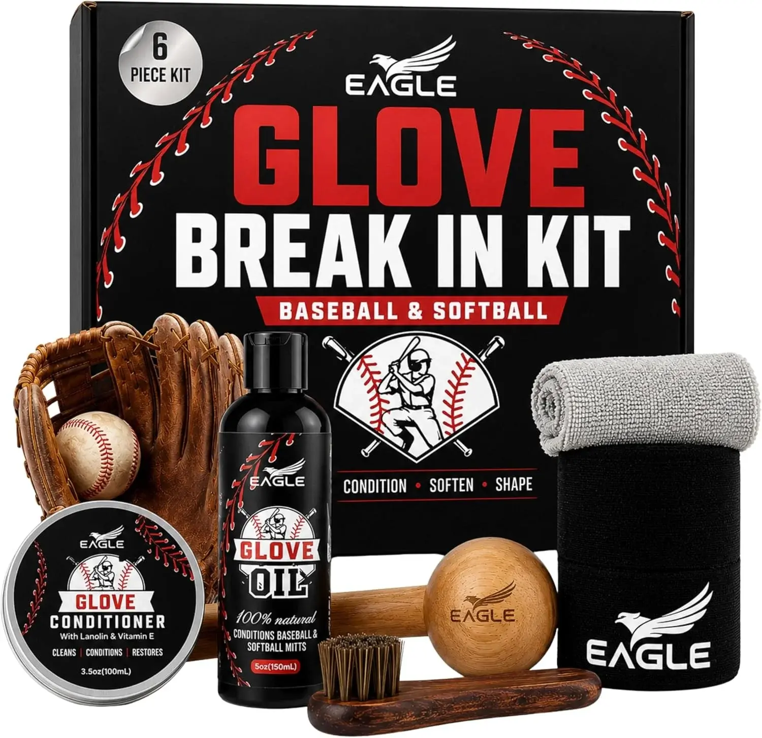 Eagle Glove Break in Kit - Glove Oil (8.45oz), Conditioner (3.38oz), Wrap, Mallet, Applicator & Cloth, 6-Pieces Set for Baseball Gloves, Softball Gloves