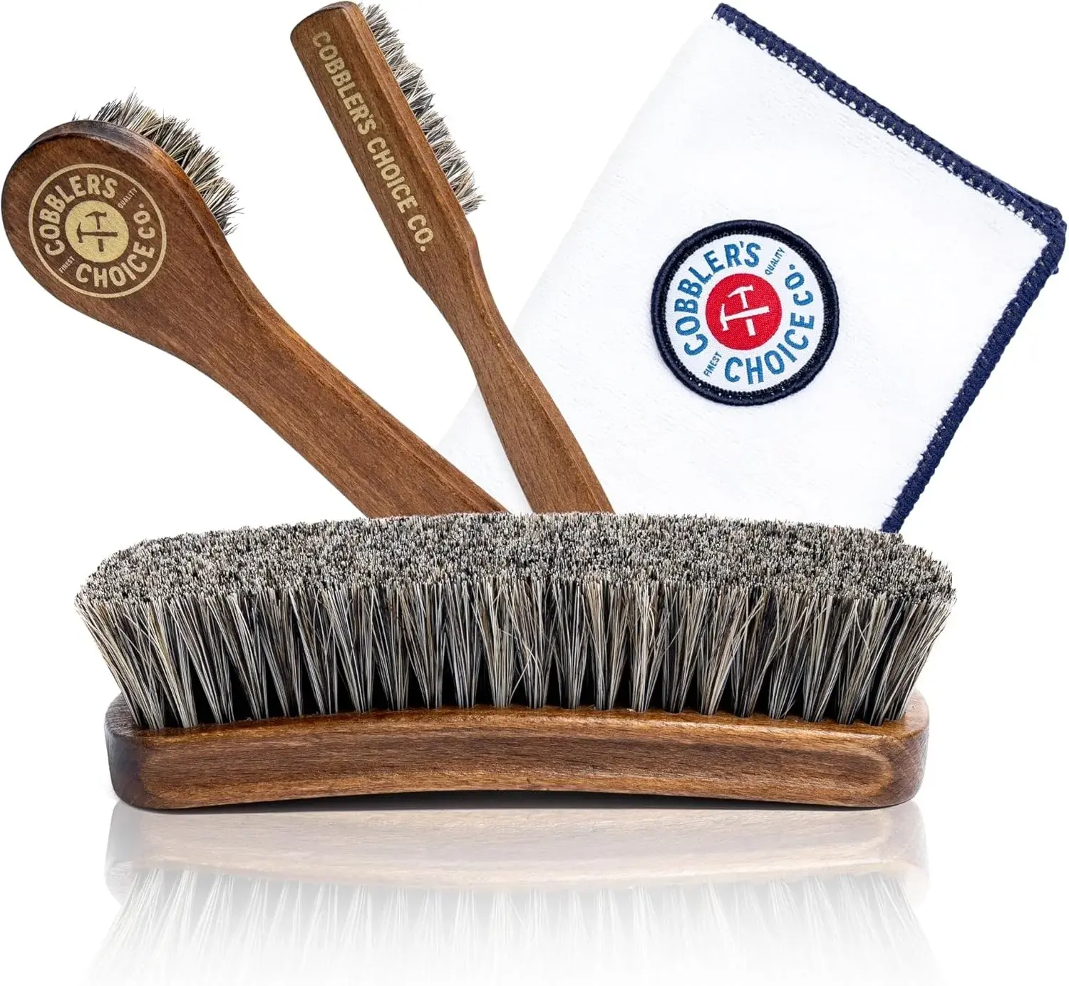 Cobbler’s Choice Co. Leather Care Kit with Horsehair Shoe Brush, Dauber Brush, Welt Brush, Microfiber Cloth - Brown