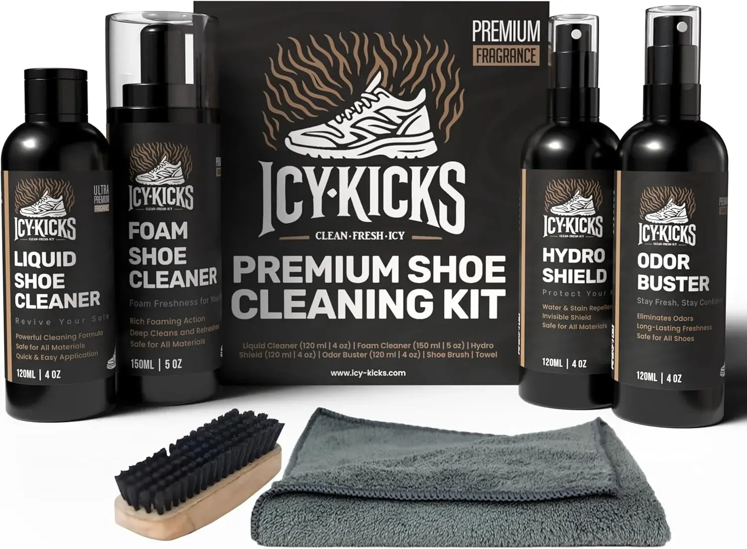 ICYKICKS Premium 6-in-1 Sneaker & Shoe Cleaning Kit – Foam Cleaner, Water-Repellent, Odor Eliminator, Brush & Microfiber Towel – Safe for Leather, Suede, Canvas – Deep Clean Sneakers Fast