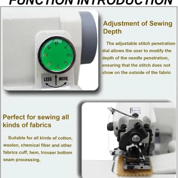 Portable Blind Hemming Machine 1200RPM High Speed Direct Drive Motor Adjustable Stitch Depth for Cotton Wool Synthetics Compact Desktop Sewing Tool with Metal Plate