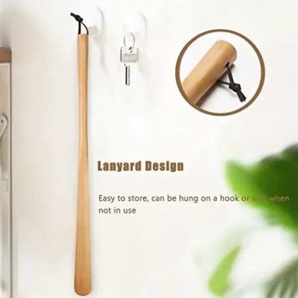 Extra Long B Wood Shoe Horn - Classic Shoe Lifter for Seniors, Arthritis Relief, Smooth Shoe Spoon with Lanyard, Ideal Mobility Aid for Easy On and Off