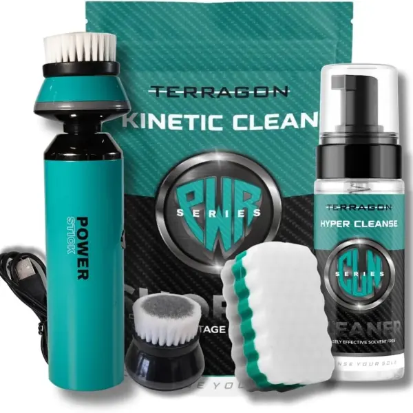 Terragon Kinetic Cleanse Shoe Cleaning Kit with Electric Shoe Cleaner Brush - Hyper Cleanse Remove Tough Stains from Leather, Nubuck, Fabric Shoes - Bonus Shoe Cube for Soles, Color-safe, Solvent-free
