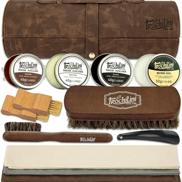 Shoe Polish Kit 13PC Shoe Shine Leather Boot Shoe Care Set Mink Oil Brushes and More for Gentle Care Cleaning