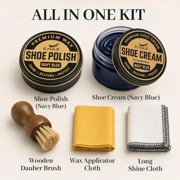 Eagle Shoe Shine Kit Navy Blue – 5-Piece Leather Shoe Polish & Cream Set with Brush & Cloths | Beeswax Waterproof Polish + Carnauba Wax Shoe Cream | Restore, Shine & Protect Dress Shoes & Boots