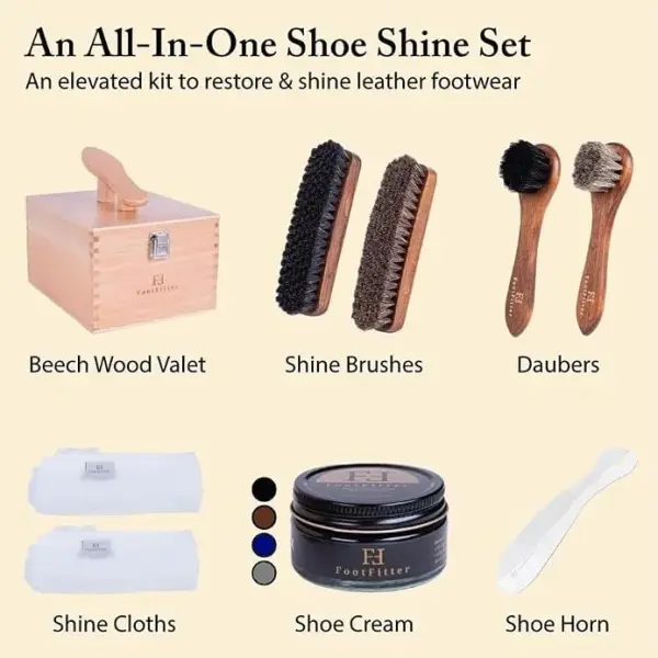 FootFitter Beech Wood Valet Box, Premium Shoe Shine Organizer with Classic Storage for Polish, Brushes, Cloths & Tools