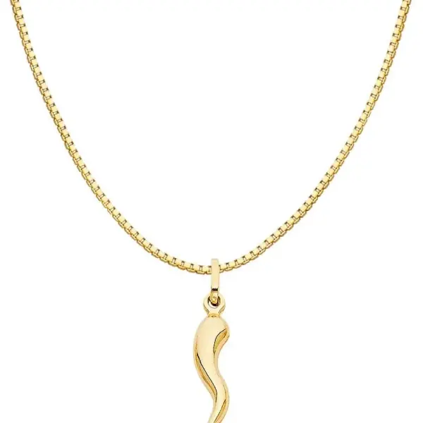 Ioka 14K Yellow Gold Cornicello Italian Horn Necklace Good Luck Charm Pendant with 0.8mm Box Chain