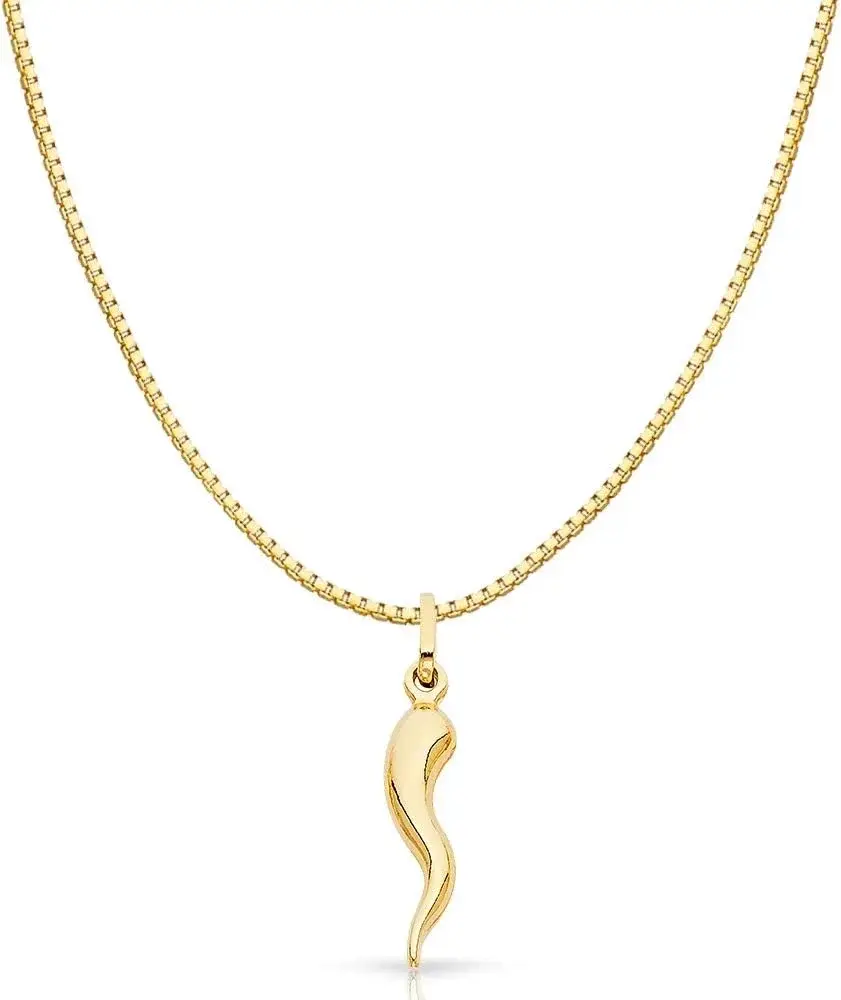 Ioka 14K Yellow Gold Cornicello Italian Horn Necklace Good Luck Charm Pendant with 0.8mm Box Chain