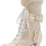 LanreyTaley Women Sweet Bow Boots Mid Heels Lace Up Victorian boots Mid Calf Kawaii Boot