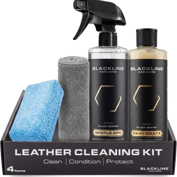 Blackline Car Leather Cleaner and Conditioner Care Kit with Microfiber Towel and Applicator Pad, Gentle APC and Leather Rehydrate, 2 16 Fl Oz Bottles for Leather Car Interiors