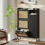 Black Shoe Cabinet with 3 Flip Drawers and PE Rattan Doors Narrow Entryway Shoe Storage Organizer with Adjustable Shelves for Apartment Hallway Foyer