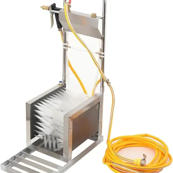 Farm Boot Cleaning Station, Stainless Steel Shoe Scraper Brush with Integrated Water Spray Gun 360 Degree Deep Cleaning Design for Mud Removal Outdoor Farm Garden Livestock Use