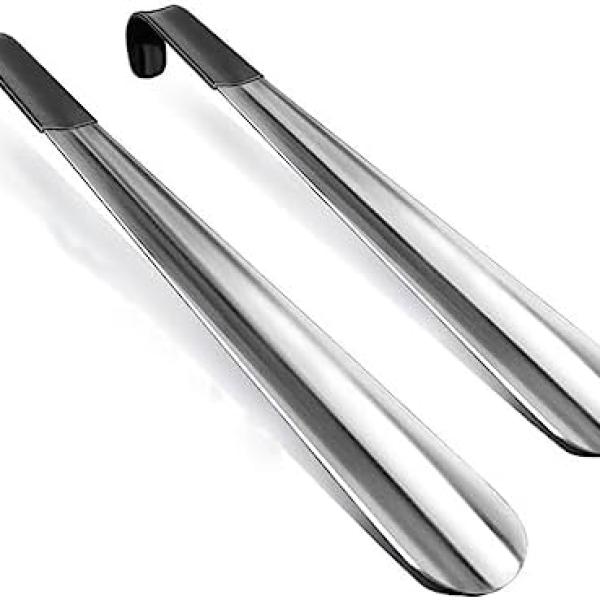 42cm Long Handle Stainless Steel Shoe Horn - 16 Inch Easy Wear Shoe Spoon with Leather Cover - Effortless On/Off Shoe Helper for Men & Women - Stylish White Star Design