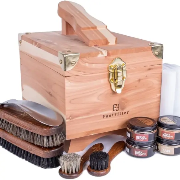 FootFitter Shoe Shine Set with Grand Cedar Storage Box, Polish Creams, Valet Box & Premium Shoe Care Tools for Leather Shoes