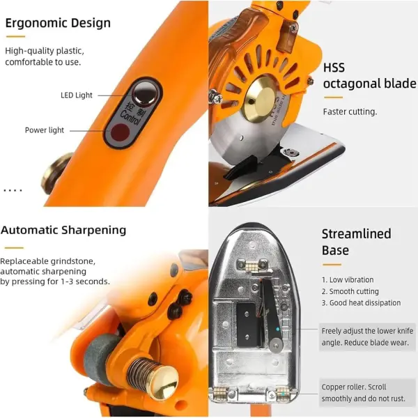 Electric Fabric Cutter - 5 Speed Adjustable Fabric Scissor, Ergonomic Handle + Safety Lock, Leather Multi-Layer Fabric Cutter, Round Knife Cloth Cutting Machine - Cloth,