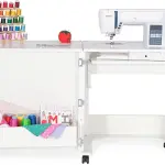 Arrow Sewing Classic Furniture “Judy” Sewing Cabinet: Portable, Folding, Compact, Locking Wheels, with Storage Bin and Hydraulic Machine Lift-White