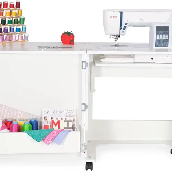 Arrow Sewing Classic Furniture “Judy” Sewing Cabinet: Portable, Folding, Compact, Locking Wheels, with Storage Bin and Hydraulic Machine Lift-White