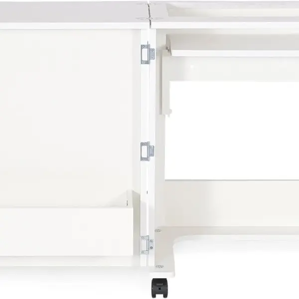 Arrow Sewing Classic Furniture “Judy” Sewing Cabinet: Portable, Folding, Compact, Locking Wheels, with Storage Bin and Hydraulic Machine Lift-White