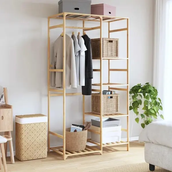 Natural Bamboo Clothes Rack 39.4 in x 19.7 in x 72.6 in, Ample Storage for Clothes Shoes Accessories, Durable Minimalist Design for Bedroom Hallway, Easy Care with Damp