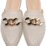 Metal Chain Decor Flat Mules for Women Closed Pointed Toe Slip on Loafers Slides Backless Mules Shoes