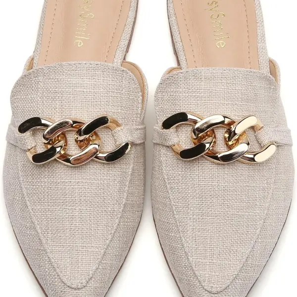 Metal Chain Decor Flat Mules for Women Closed Pointed Toe Slip on Loafers Slides Backless Mules Shoes