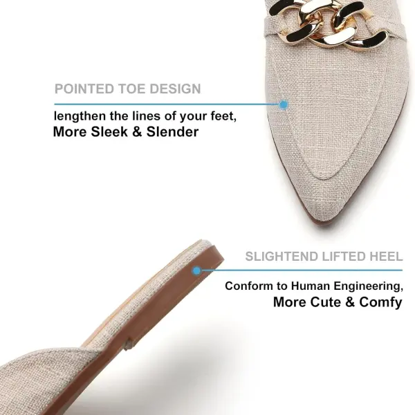 Metal Chain Decor Flat Mules for Women Closed Pointed Toe Slip on Loafers Slides Backless Mules Shoes