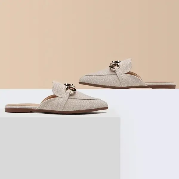 Metal Chain Decor Flat Mules for Women Closed Pointed Toe Slip on Loafers Slides Backless Mules Shoes
