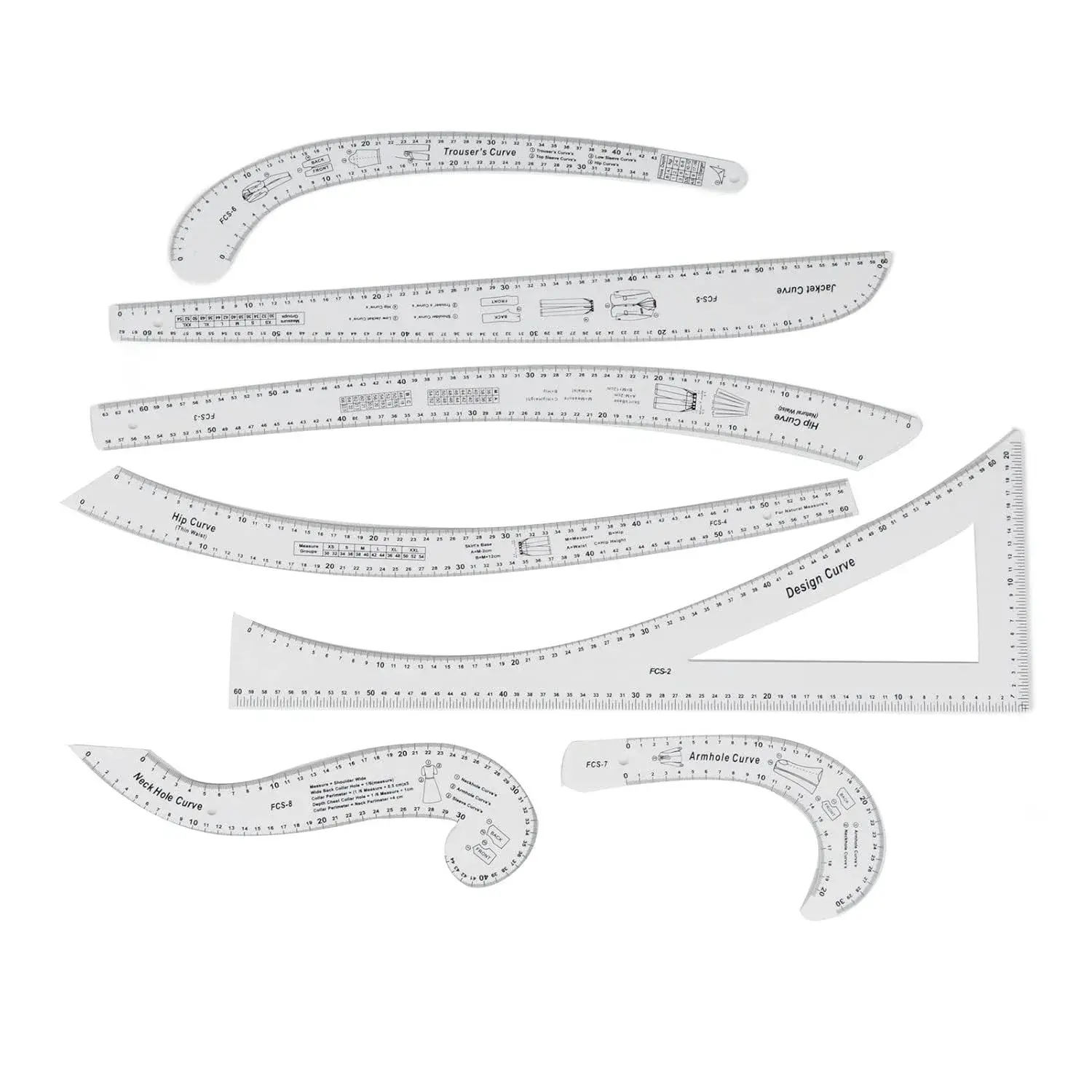 Estink 7Pcs Sewing Ruler Tailor Set, Clear High Accuracy Scale Acrylic Clothing Ruler with Transparent Design for Pattern Drafting Drawing and Fashion Design