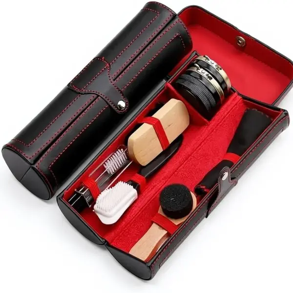 Shoe Shine Kit for Leather Shoes & Boots – 9 Piece Shoe Care Kit for Cleaning, Polishing & Restoration with Horsehair Brush, Shoe Polish, Cloth, Shoehorn & Travel Case for Leather Care