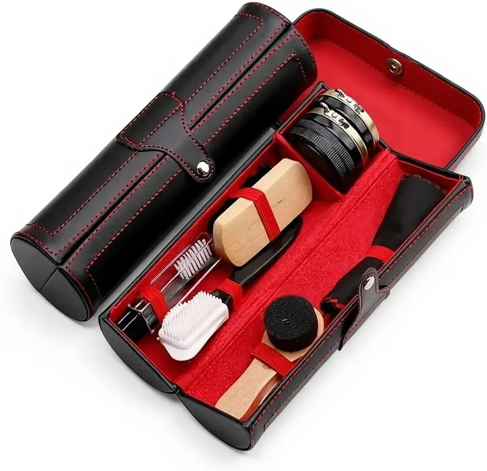 Shoe Shine Kit for Leather Shoes & Boots – 9 Piece Shoe Care Kit for Cleaning, Polishing & Restoration with Horsehair Brush, Shoe Polish, Cloth, Shoehorn & Travel Case for Leather Care