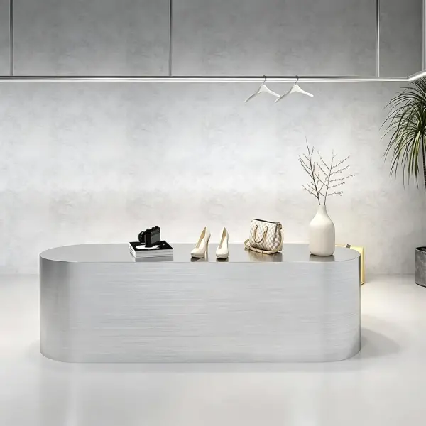 Retail Display Table with Brushed Stainless Steel Oval Base, Oval Shoes Display Stand & Reception Desk Includes Spacious Stainless Steel Countertop for Shopping Mall,51.18IN