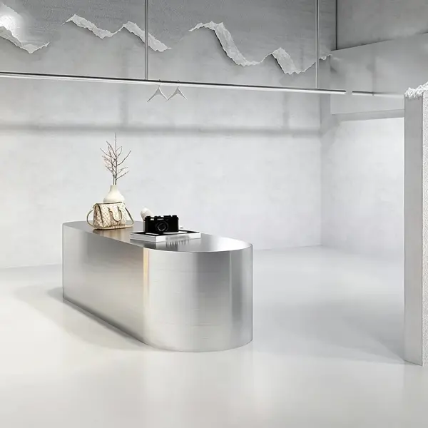 Retail Display Table with Brushed Stainless Steel Oval Base, Oval Shoes Display Stand & Reception Desk Includes Spacious Stainless Steel Countertop for Shopping Mall,51.18IN